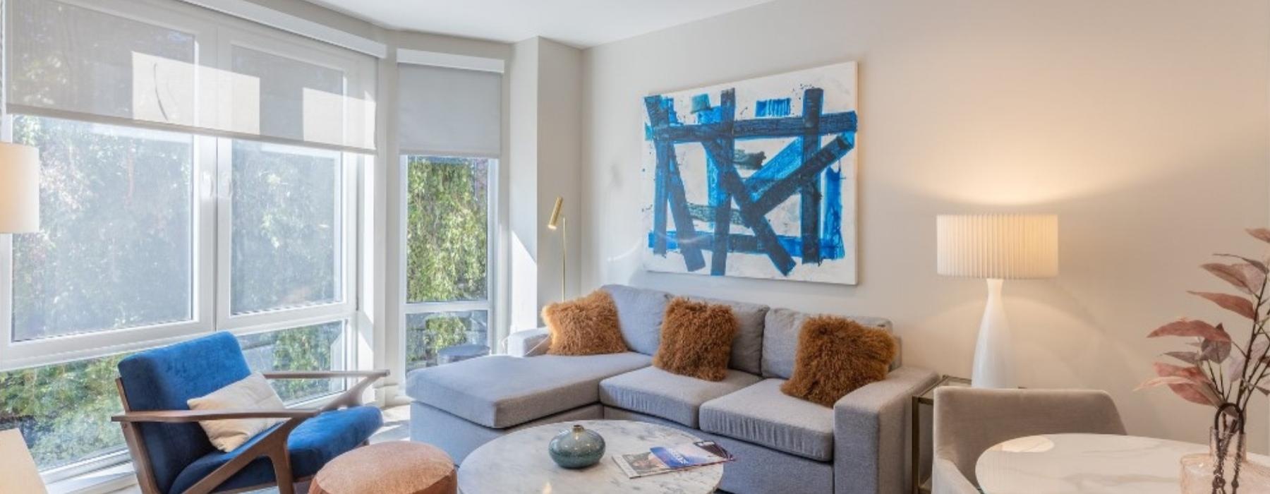 a living room with a large window